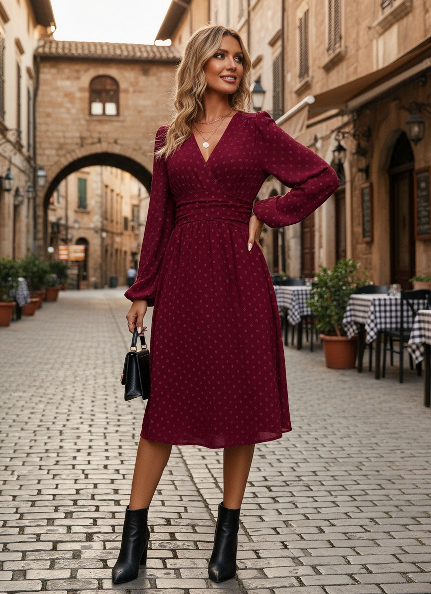 Jacquard V-Neck Lantern Sleeve Dress