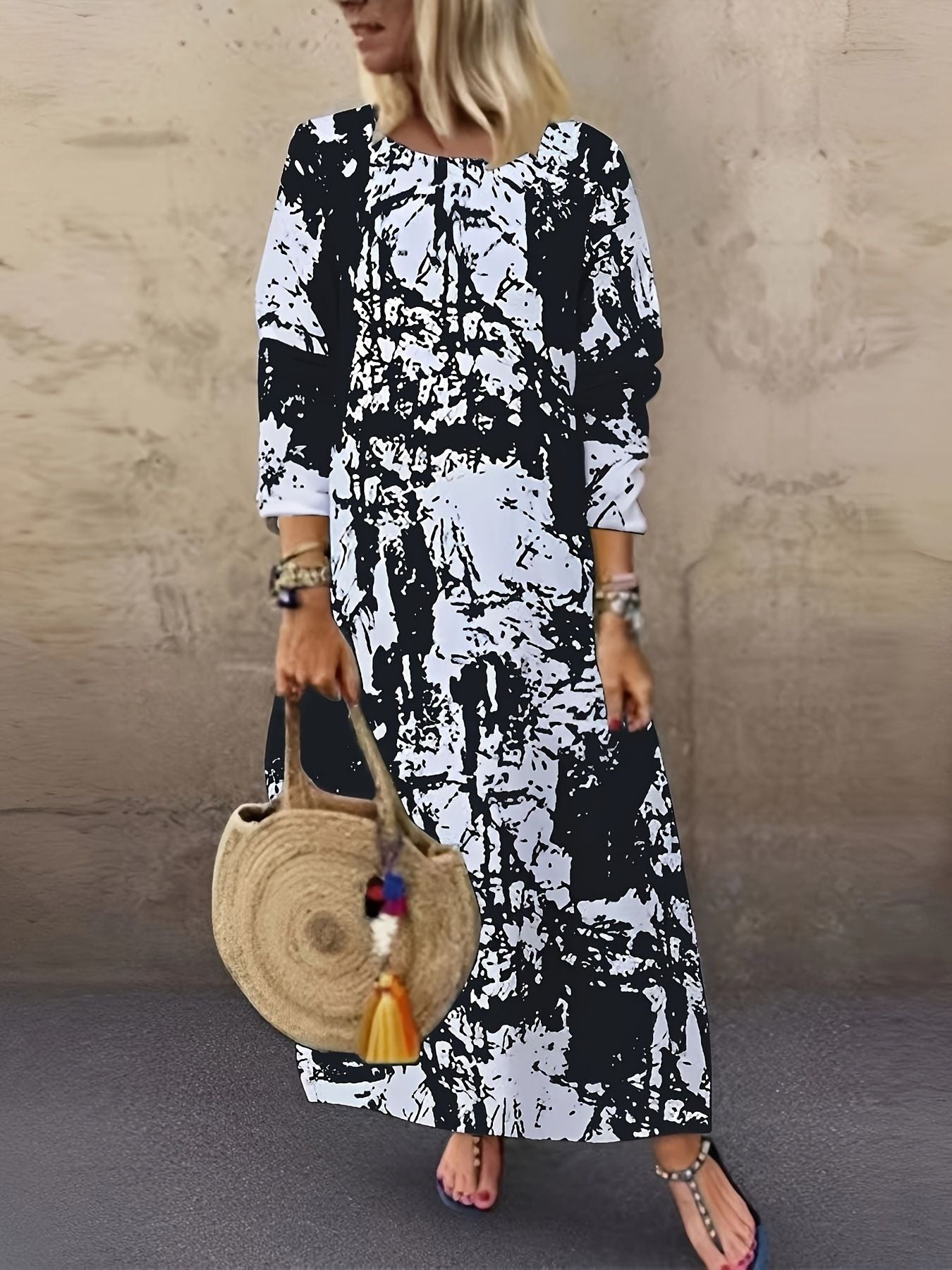 New Long Crew Neck Print Long Sleeve Women'S Dress