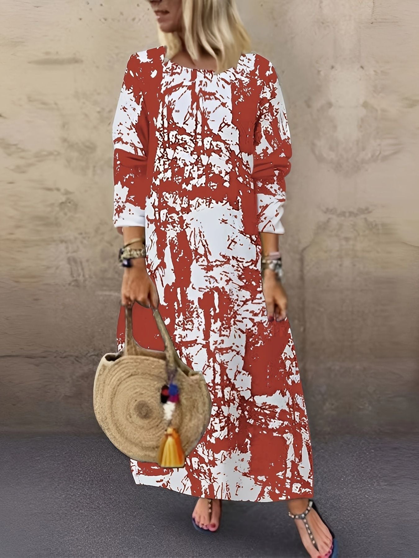 New Long Crew Neck Print Long Sleeve Women'S Dress