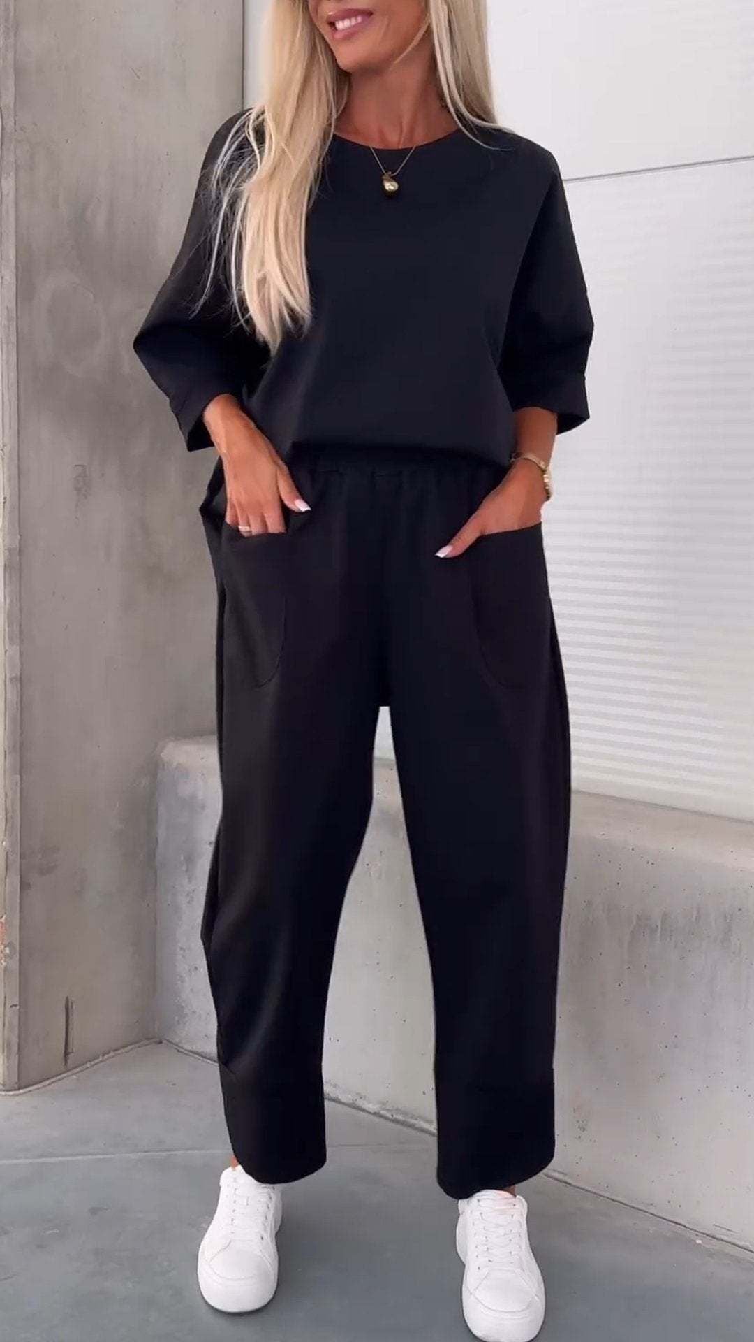 Crew Neck Long Sleeve Suit Pocket Pants Women'S