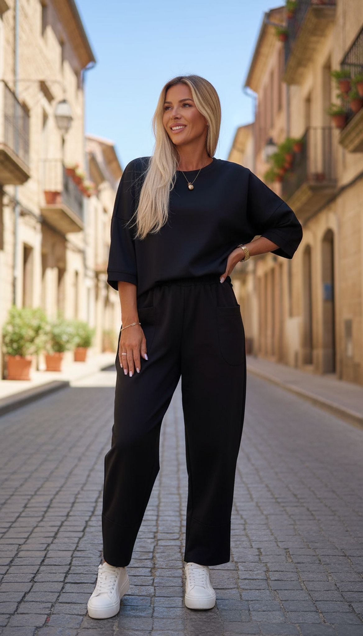 Crew Neck Long Sleeve Suit Pocket Pants Women'S