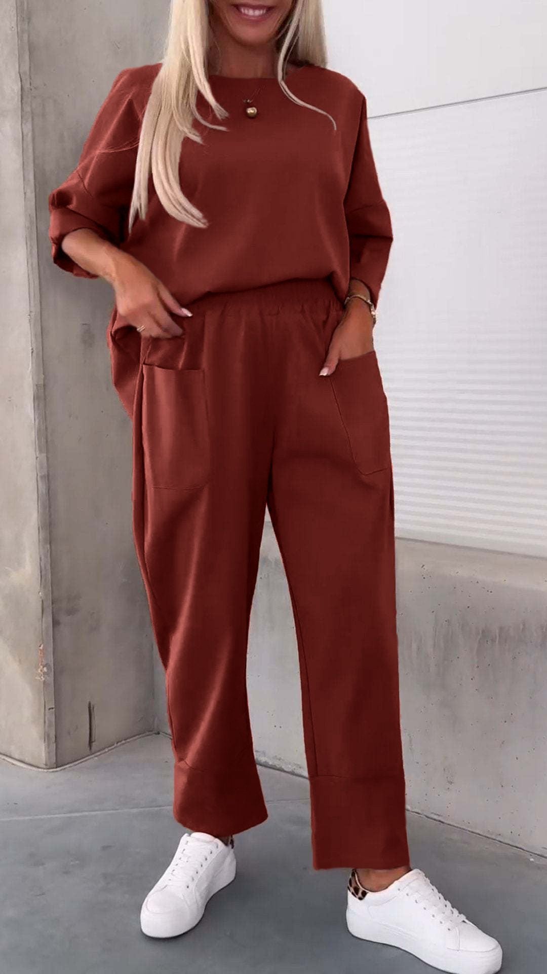 Crew Neck Long Sleeve Suit Pocket Pants Women'S