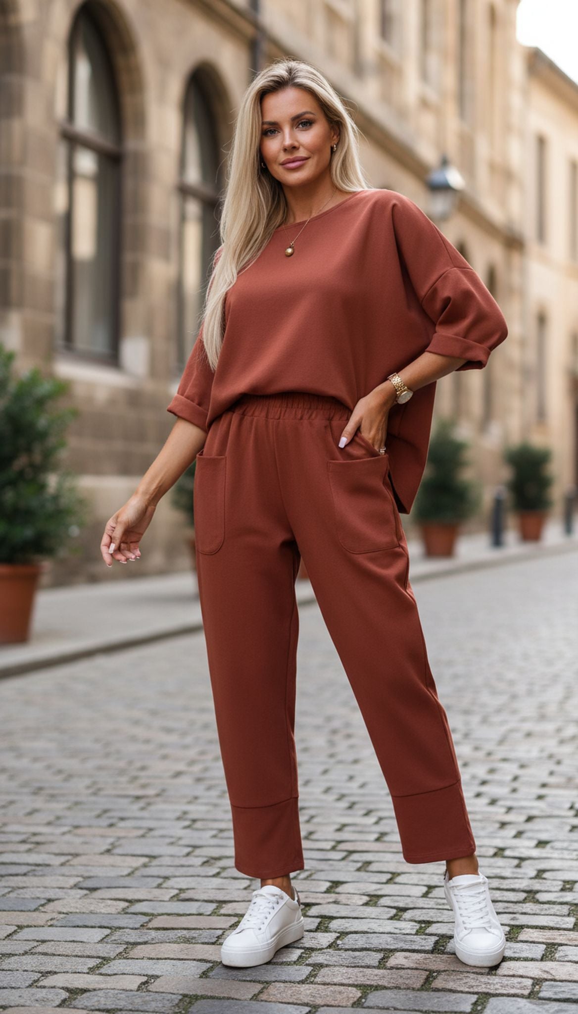 Crew Neck Long Sleeve Suit Pocket Pants Women'S