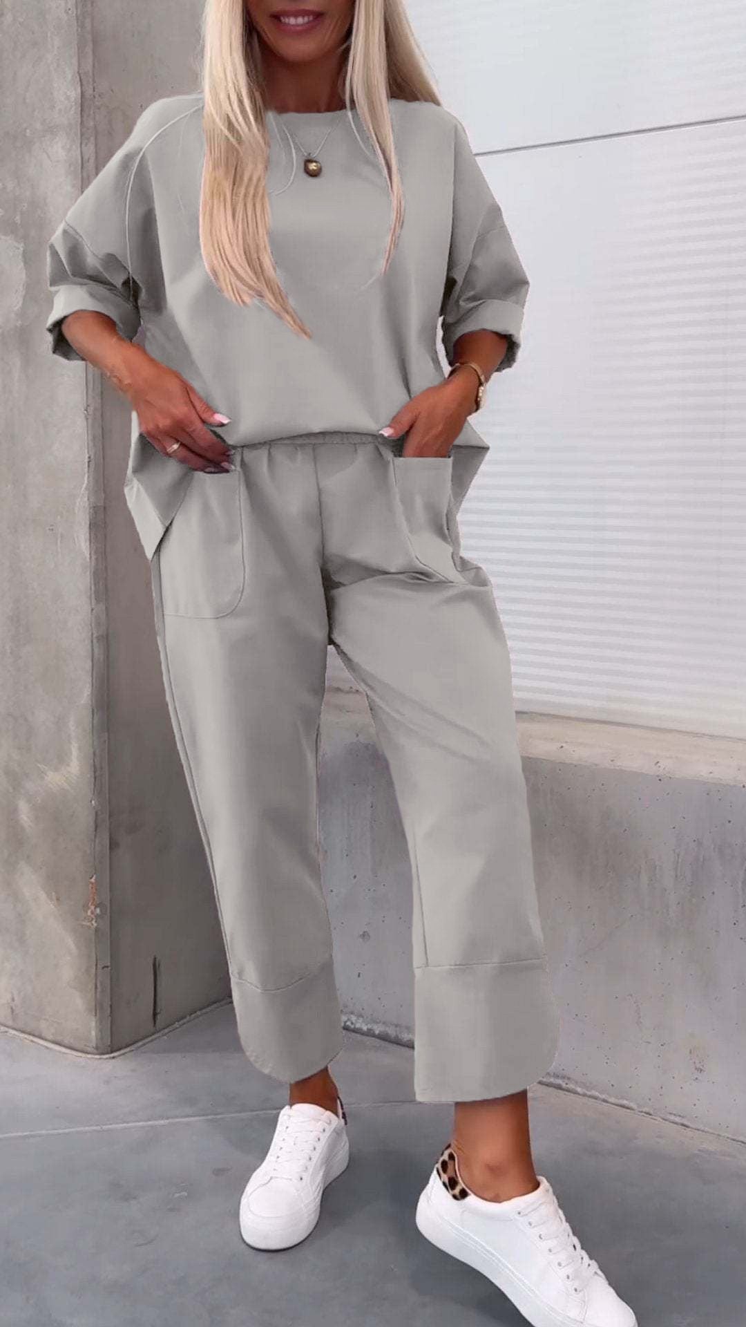 Crew Neck Long Sleeve Suit Pocket Pants Women'S