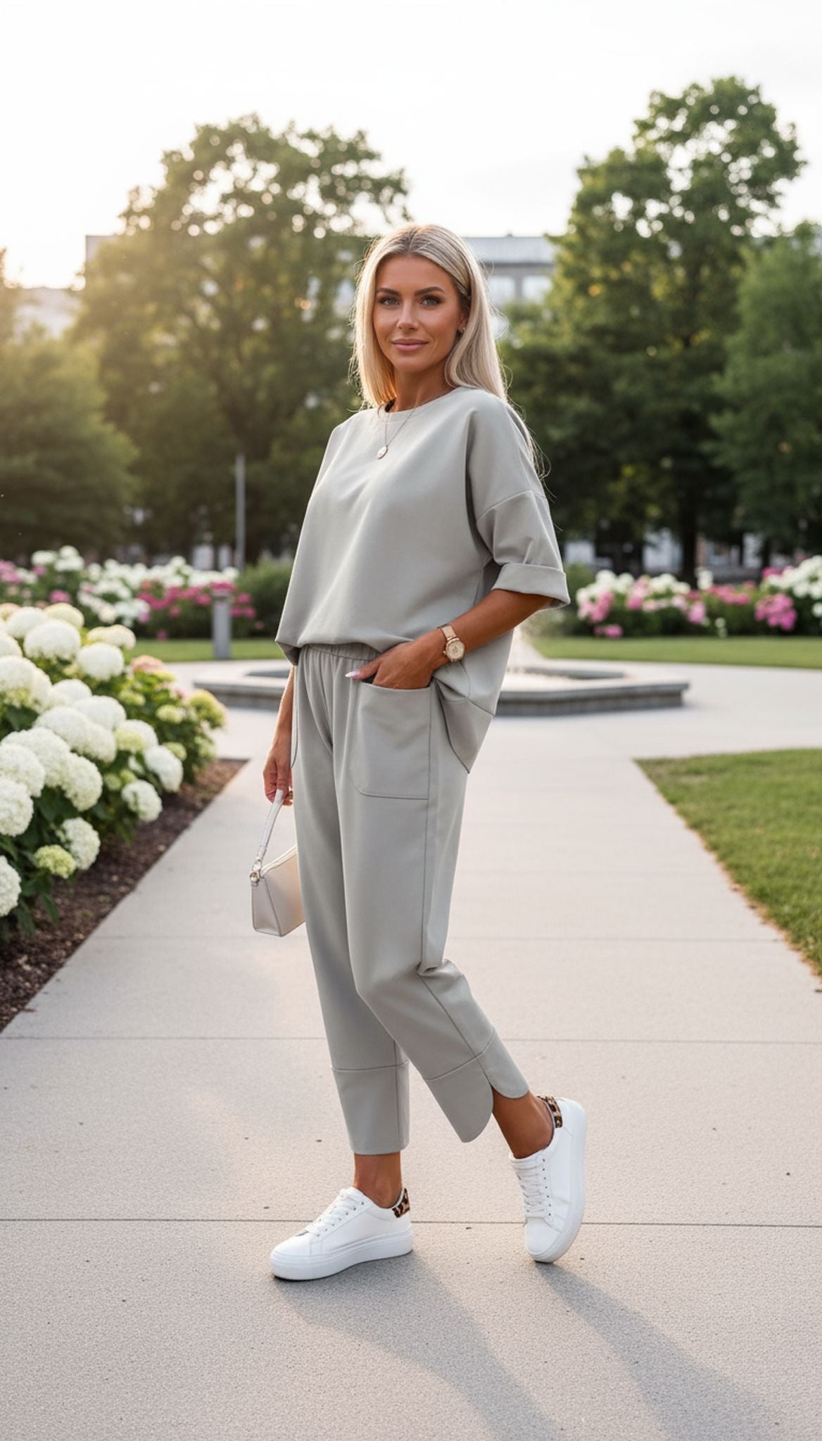 Crew Neck Long Sleeve Suit Pocket Pants Women'S