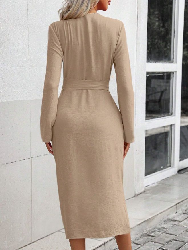 New Autumn Solid Color Lapel Cinching Waist Lace-Up Temperament Slit Dress For Women