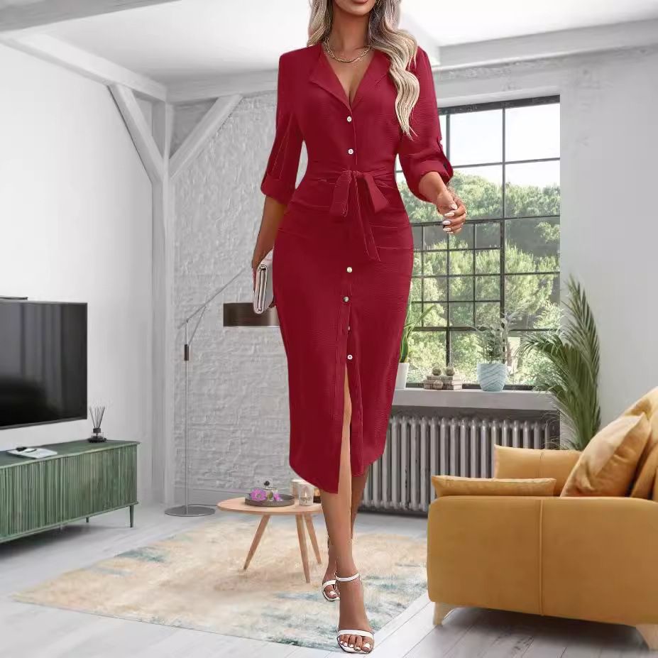 New Autumn Solid Color Lapel Cinching Waist Lace-Up Temperament Slit Dress For Women