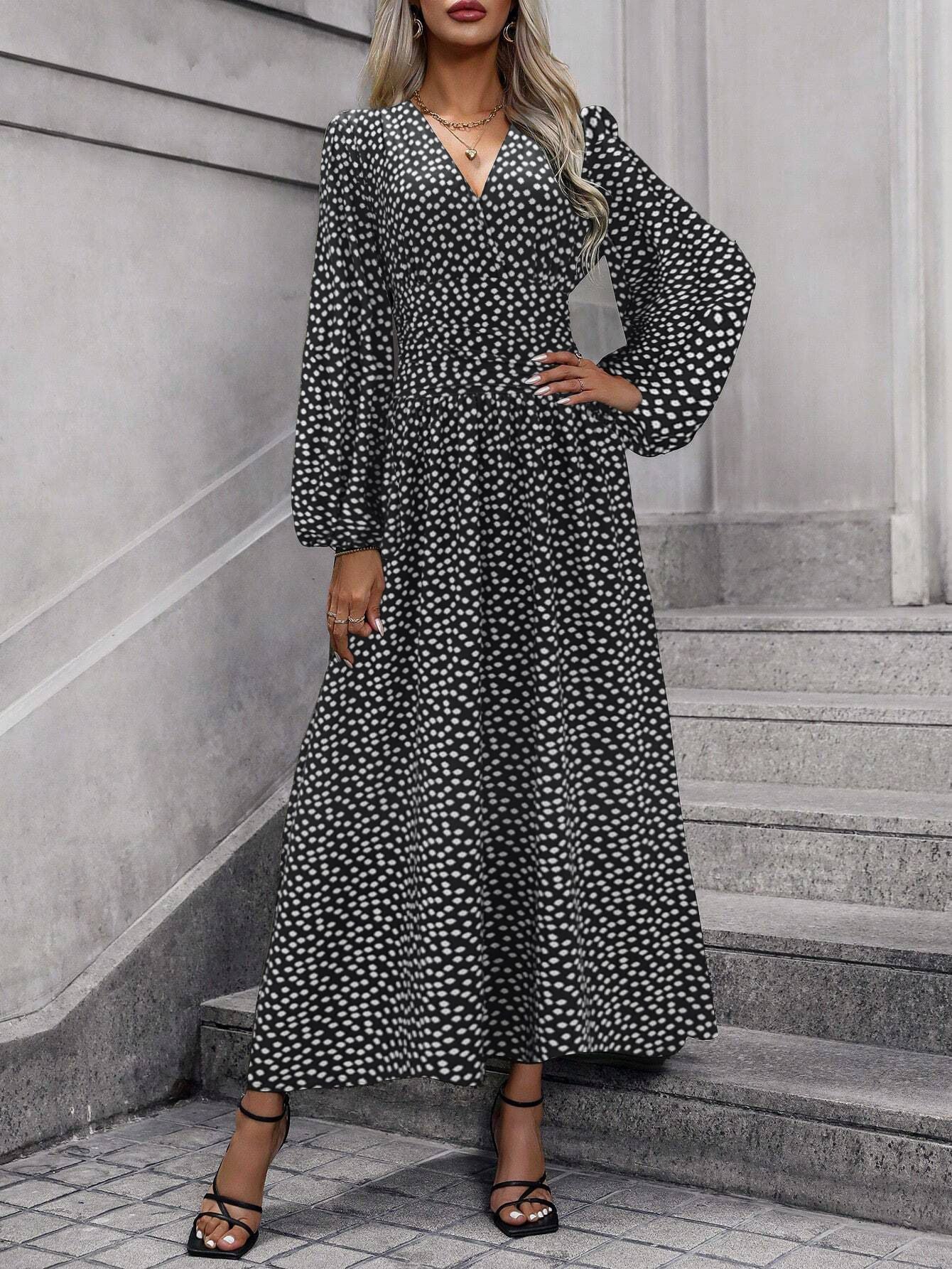 Women'S Lantern Sleeve Pull-Up High Slit Dress