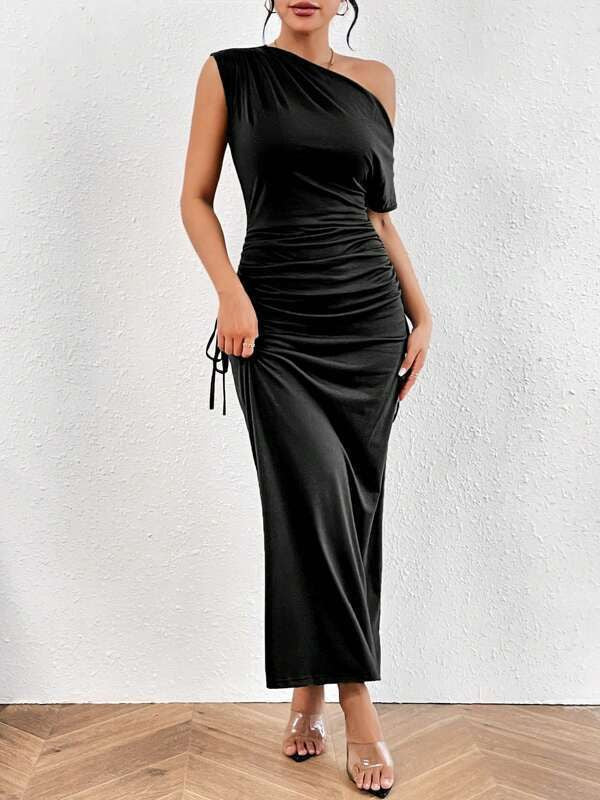 New Slanted Shoulder One-Shoulder Slim Pleated Long Skirt Dress
