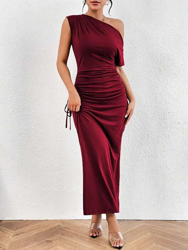 New Slanted Shoulder One-Shoulder Slim Pleated Long Skirt Dress