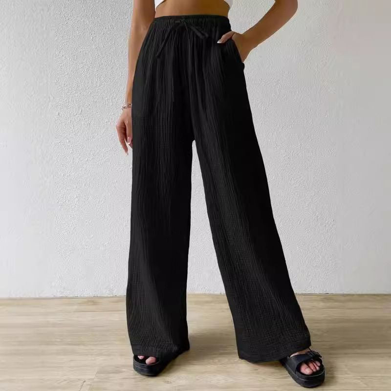 Versatile Elasticated Casual Solid Color Trousers Wide-Leg Pants