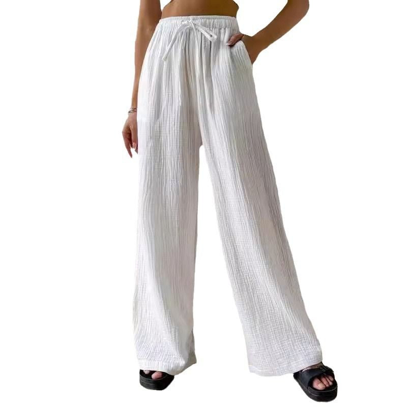 Versatile Elasticated Casual Solid Color Trousers Wide-Leg Pants