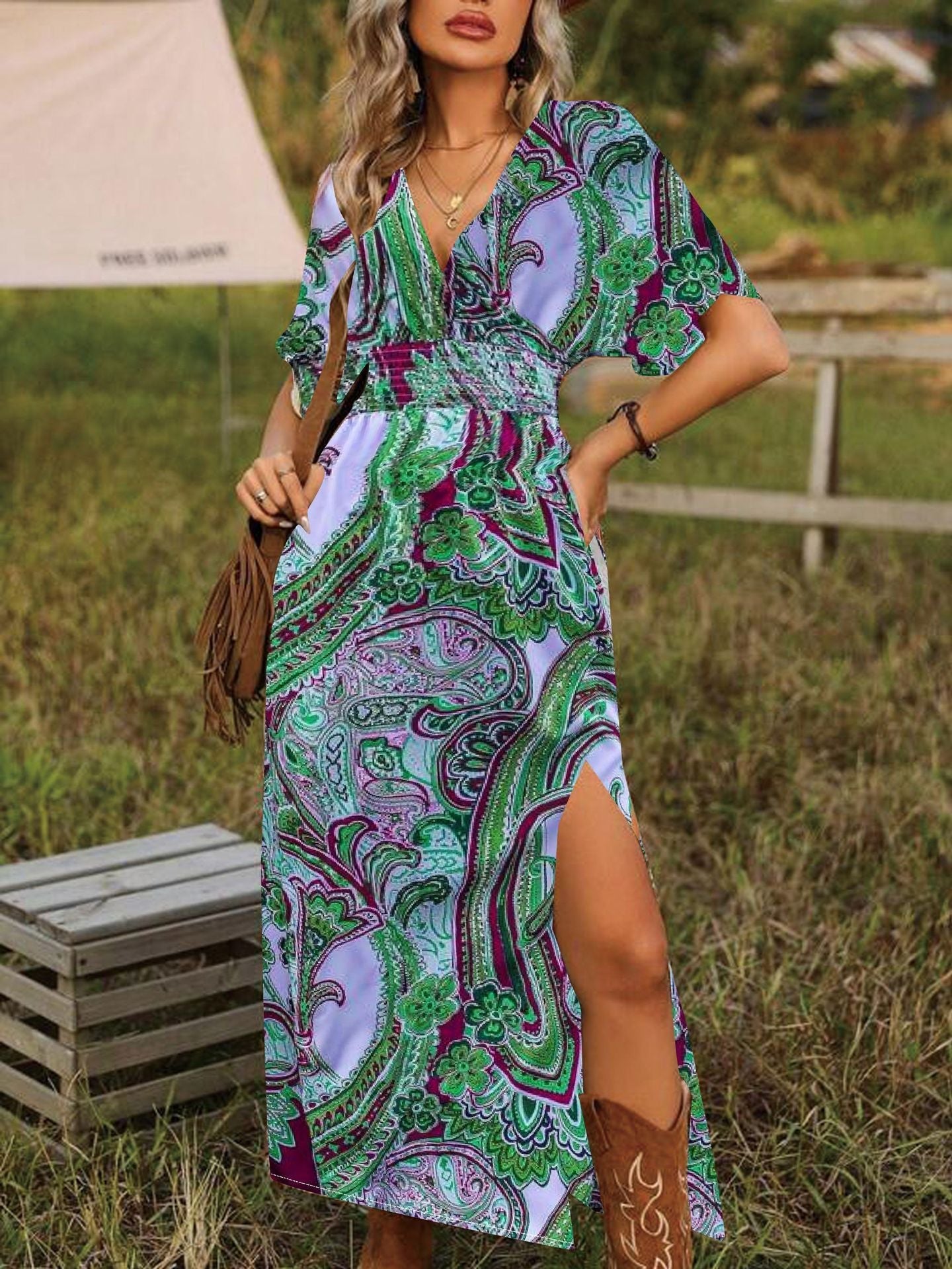 Autumn New Fashion V-Neck Loose Boho Print Slit Dress