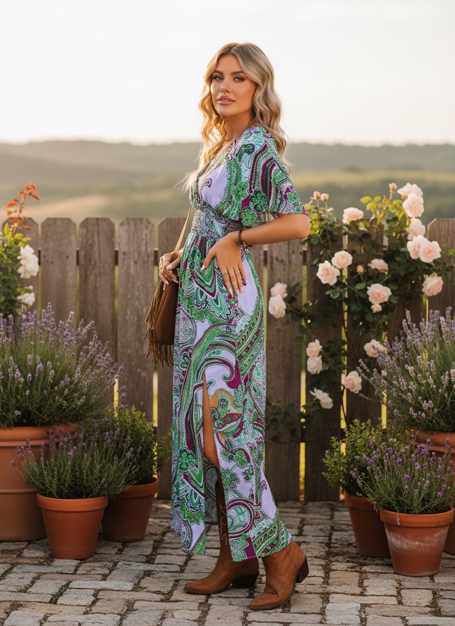 Autumn New Fashion V-Neck Loose Boho Print Slit Dress