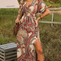 Autumn New Fashion V-Neck Loose Boho Print Slit Dress