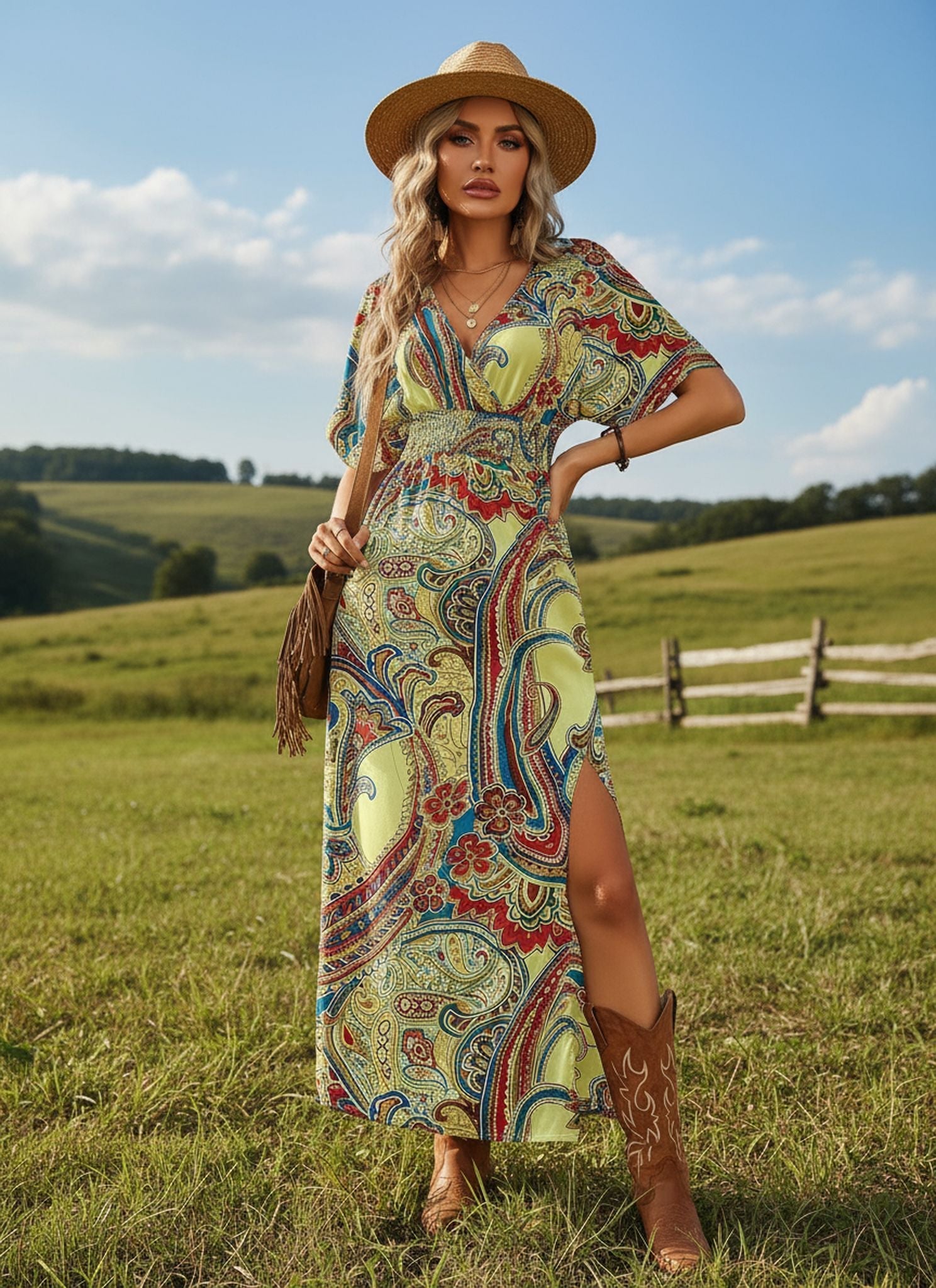 Autumn New Fashion V-Neck Loose Boho Print Slit Dress