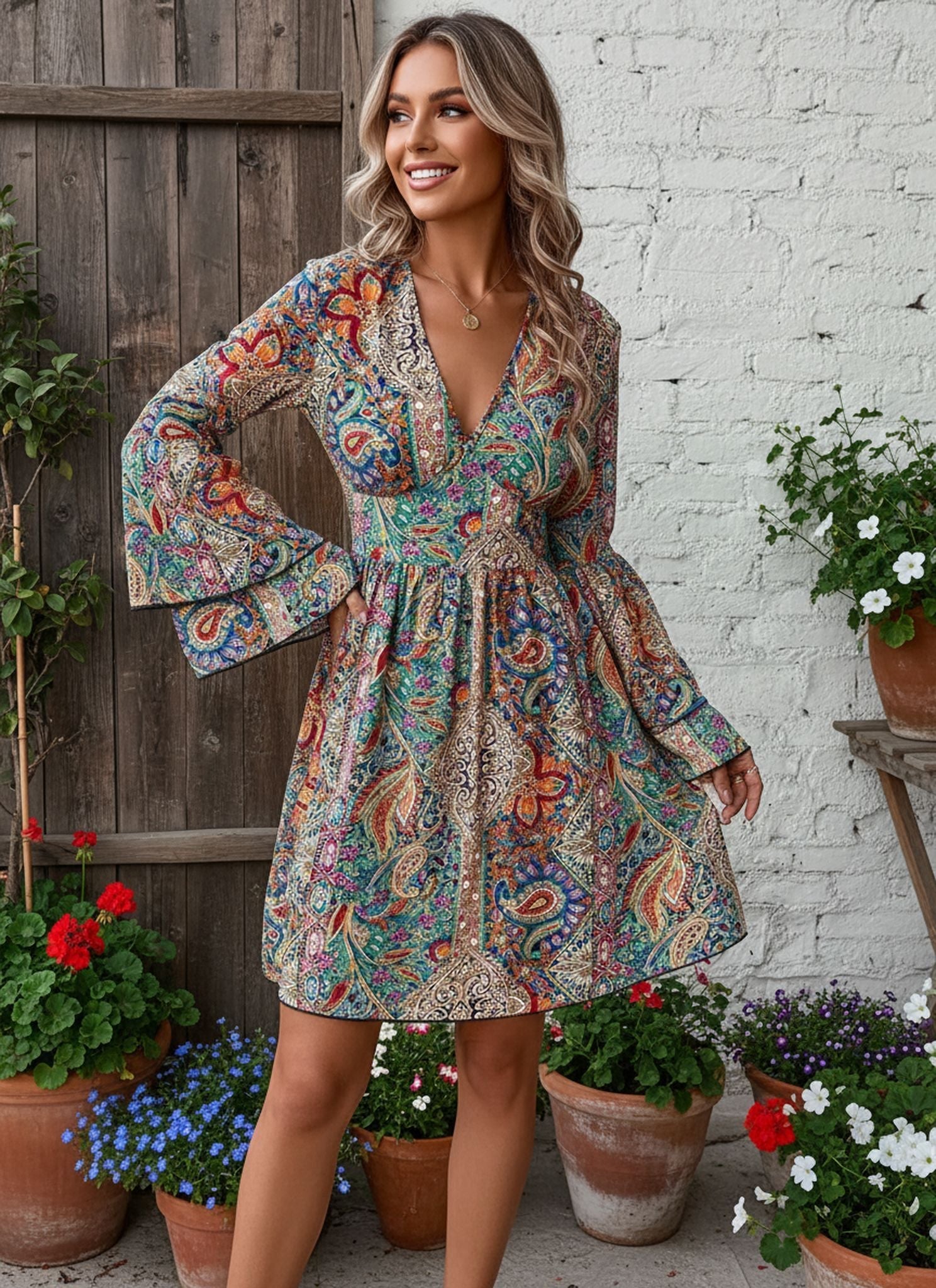New Fashionable And Elegant Women'S Paisley Print V-Neck Flared Sleeve Dress