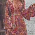 New Fashionable And Elegant Women'S Paisley Print V-Neck Flared Sleeve Dress