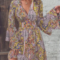 New Fashionable And Elegant Women'S Paisley Print V-Neck Flared Sleeve Dress