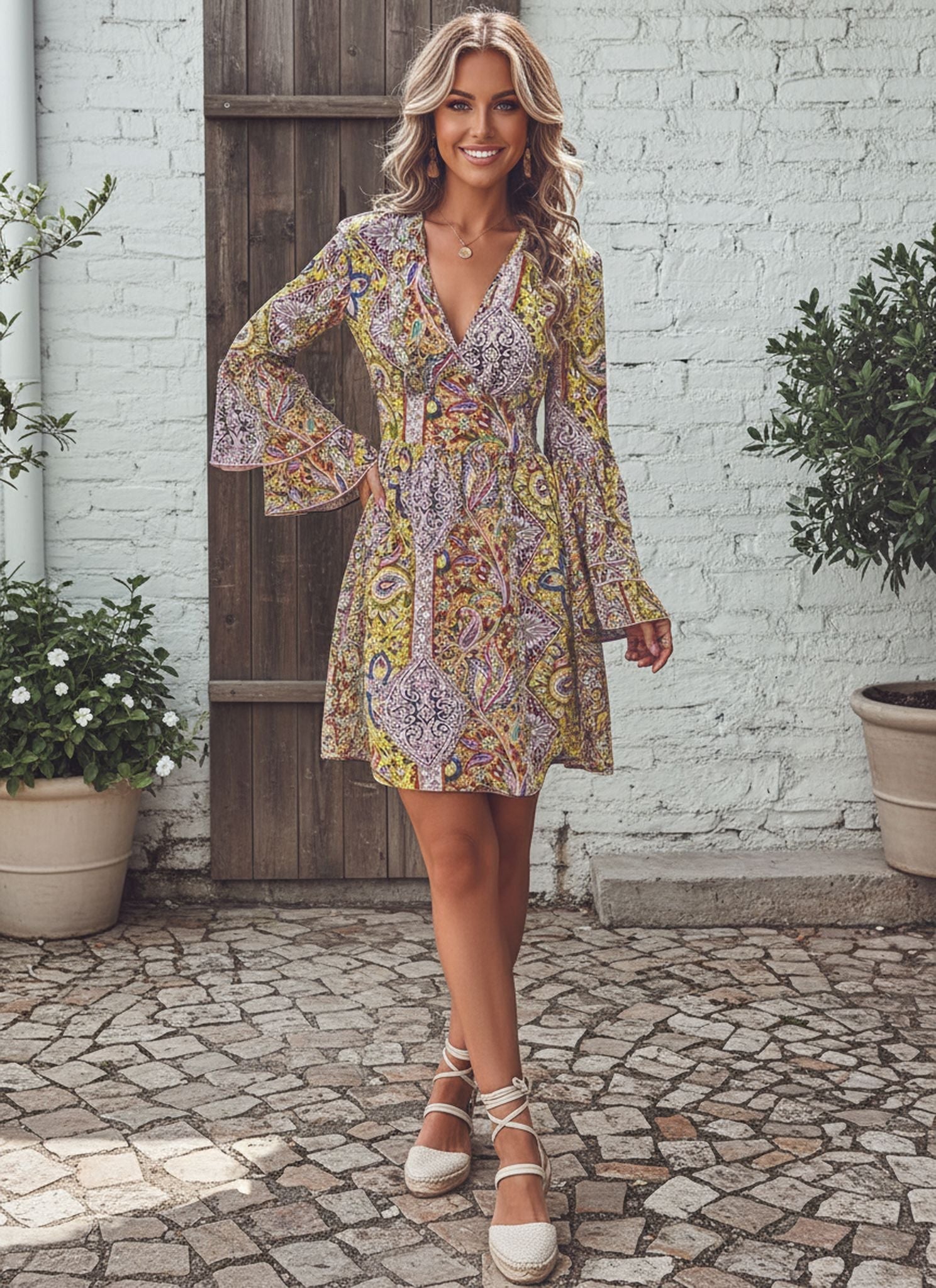 New Fashionable And Elegant Women'S Paisley Print V-Neck Flared Sleeve Dress
