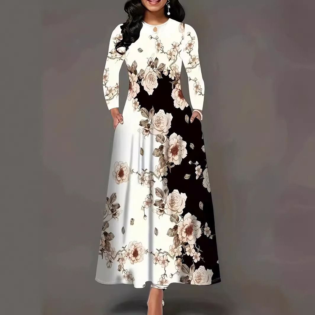 High Waist Plus Size Pockets Round Neck Long Sleeves Big Swing Skirt Dress Long Skirt Women