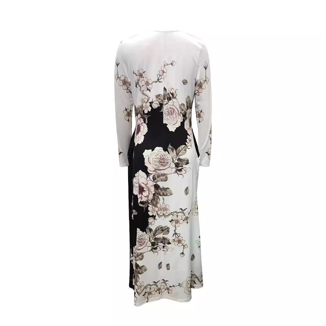 High Waist Plus Size Pockets Round Neck Long Sleeves Big Swing Skirt Dress Long Skirt Women