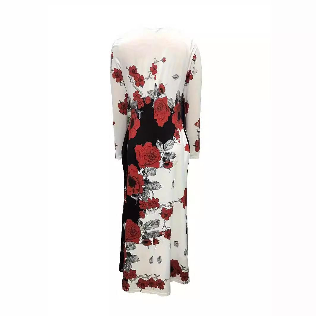 High Waist Plus Size Pockets Round Neck Long Sleeves Big Swing Skirt Dress Long Skirt Women