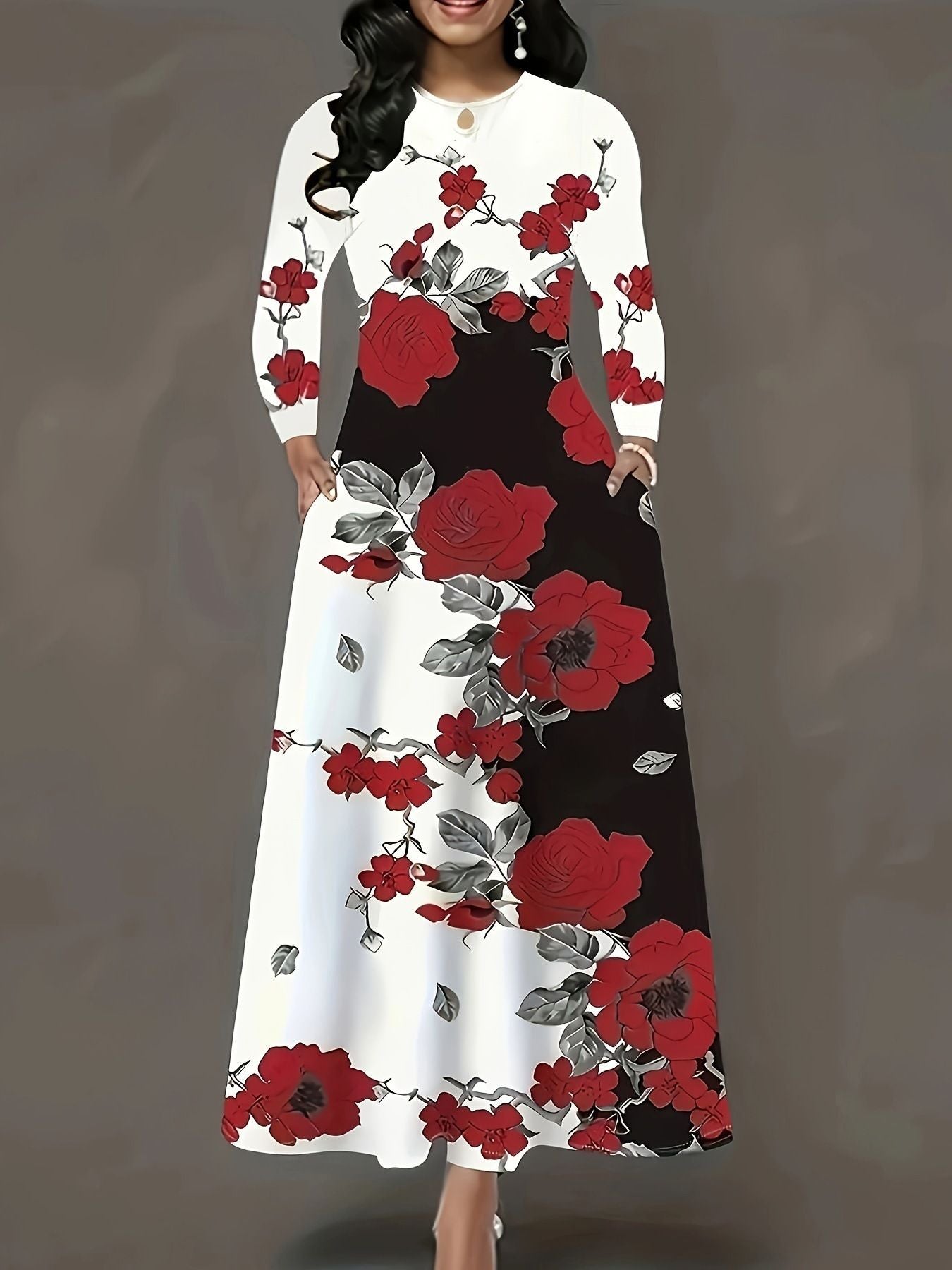 High Waist Plus Size Pockets Round Neck Long Sleeves Big Swing Skirt Dress Long Skirt Women