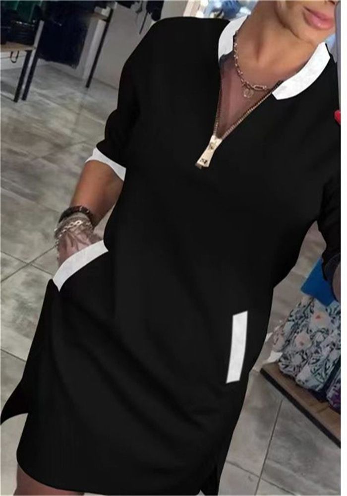 V-Neck Zipper Three-Quarter Sleeve Temperament Casual Dress