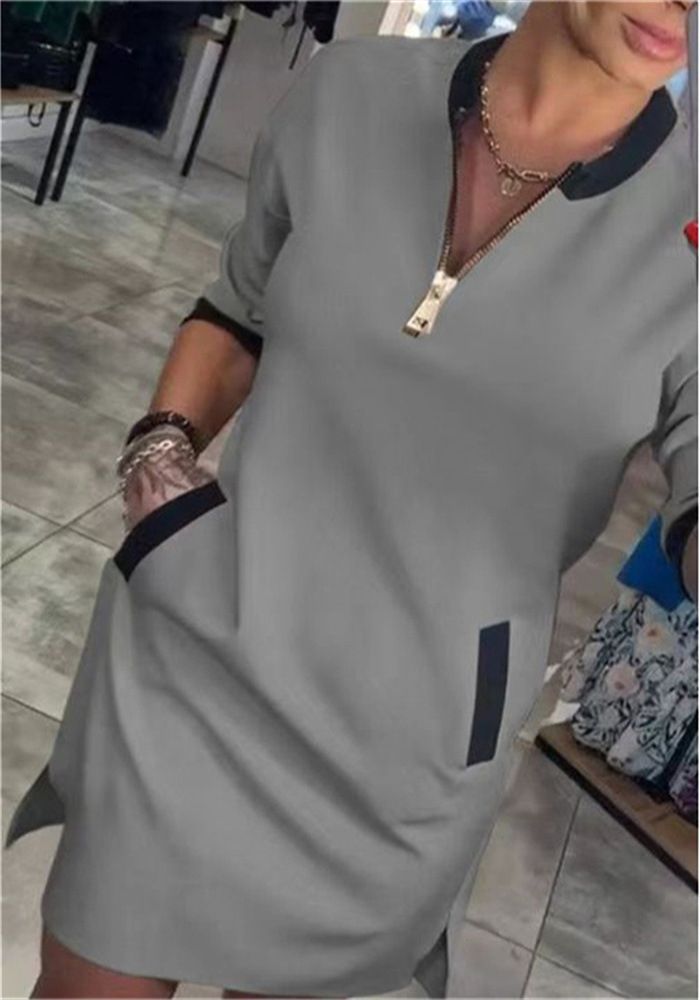 V-Neck Zipper Three-Quarter Sleeve Temperament Casual Dress