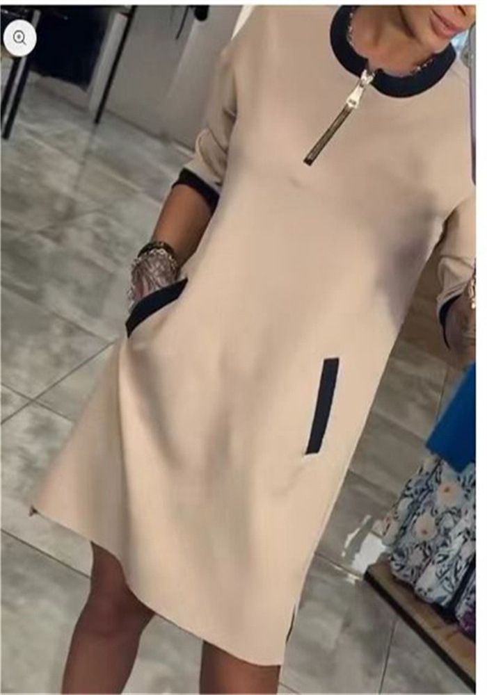 V-Neck Zipper Three-Quarter Sleeve Temperament Casual Dress