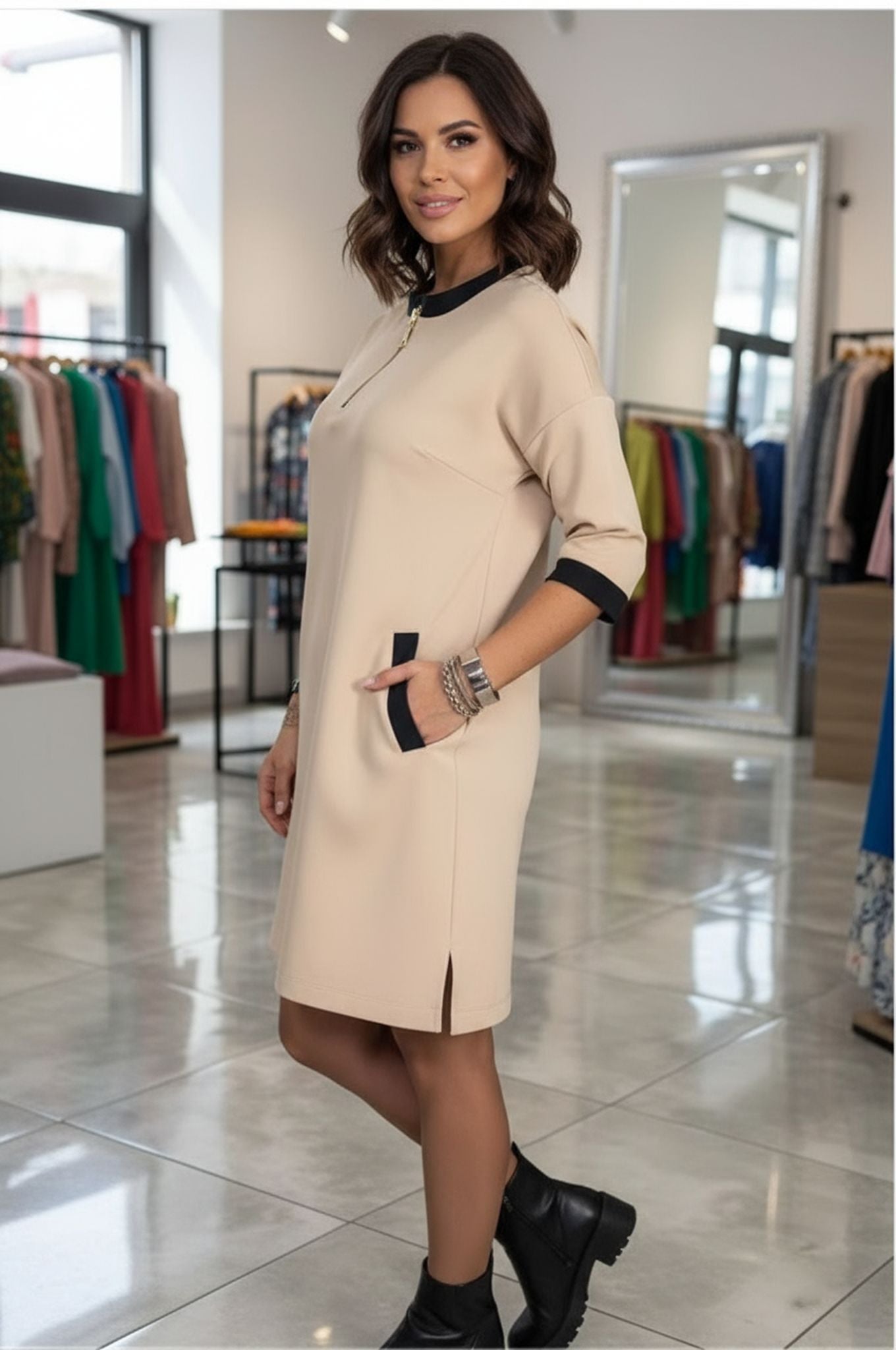 V-Neck Zipper Three-Quarter Sleeve Temperament Casual Dress