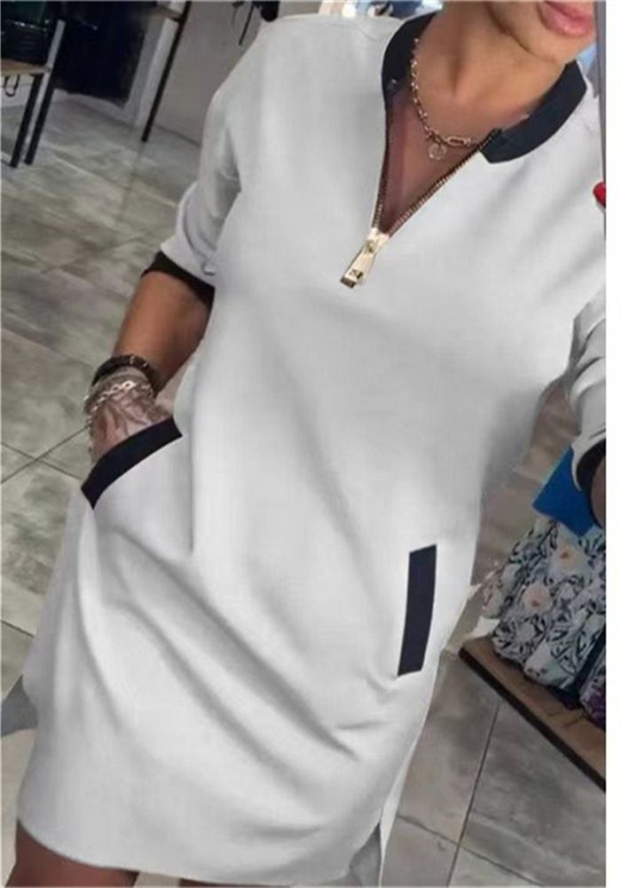 V-Neck Zipper Three-Quarter Sleeve Temperament Casual Dress