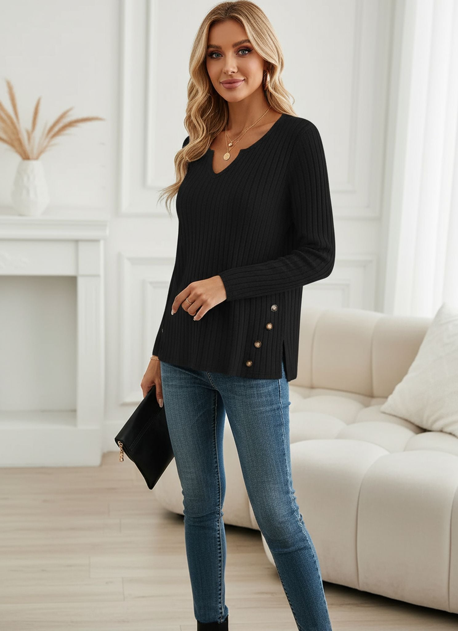 Button-Down Sweater Long Sleeve Top Pullover Girl