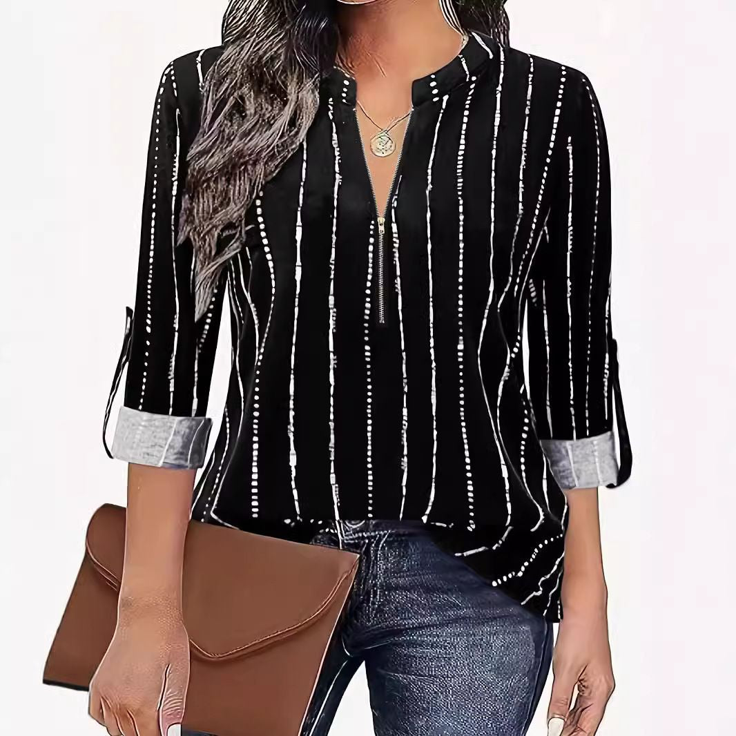 Elegant Striped Zipper Long Sleeve Shirt Top Women