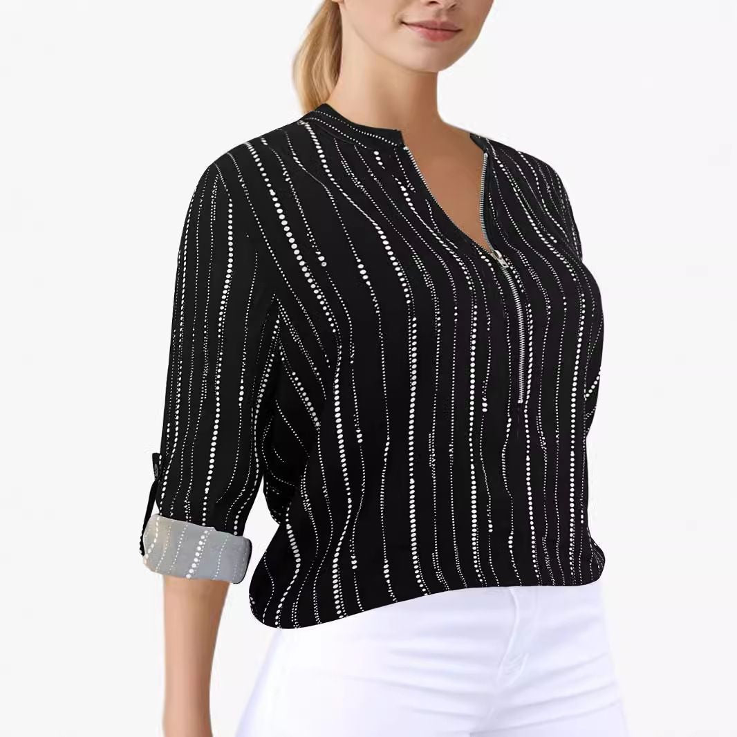 Elegant Striped Zipper Long Sleeve Shirt Top Women
