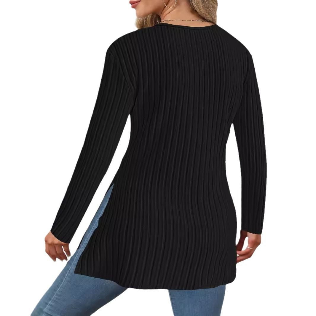 New Long-Sleeved Solid Color V-Neck Casual Home Pit Strip Top Thin