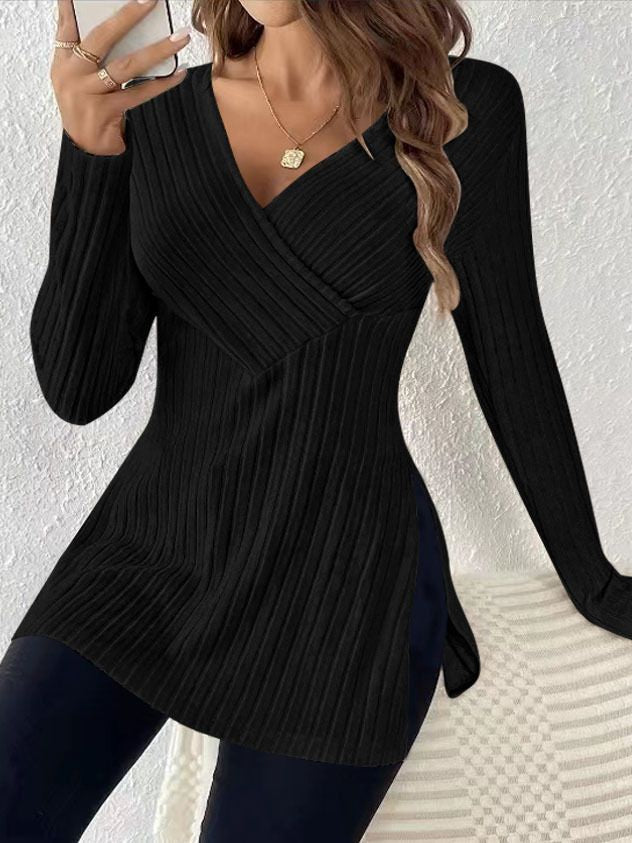 New Long-Sleeved Solid Color V-Neck Casual Home Pit Strip Top Thin