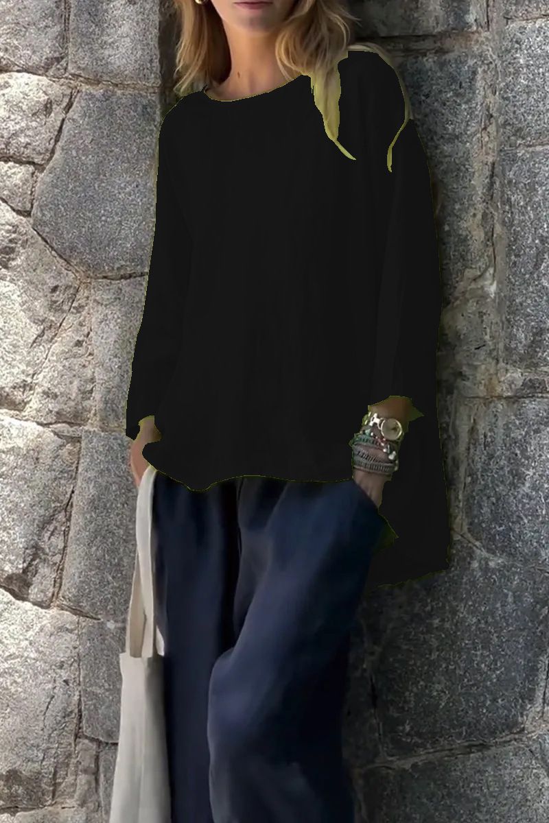 Sleeve Crew Neck Cotton And Linen Loose Shirt Top