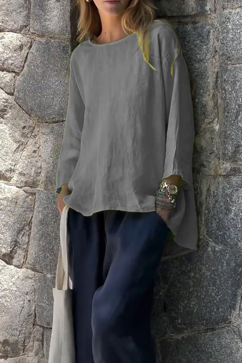 Sleeve Crew Neck Cotton And Linen Loose Shirt Top