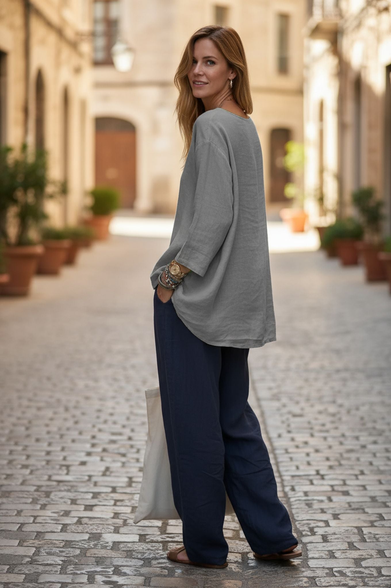 Sleeve Crew Neck Cotton And Linen Loose Shirt Top