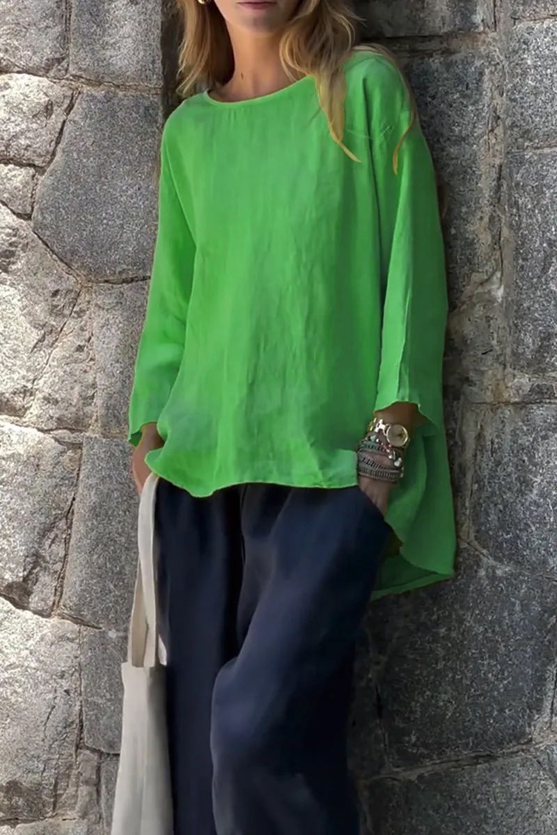 Sleeve Crew Neck Cotton And Linen Loose Shirt Top