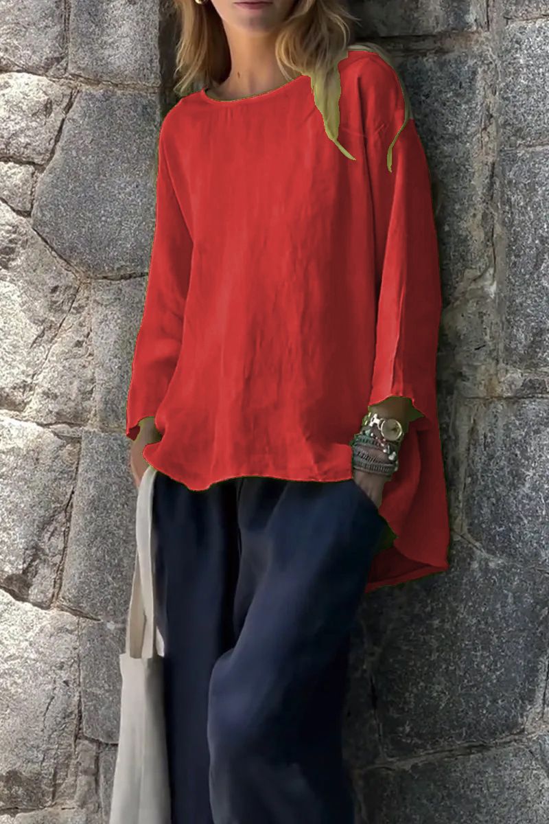 Sleeve Crew Neck Cotton And Linen Loose Shirt Top