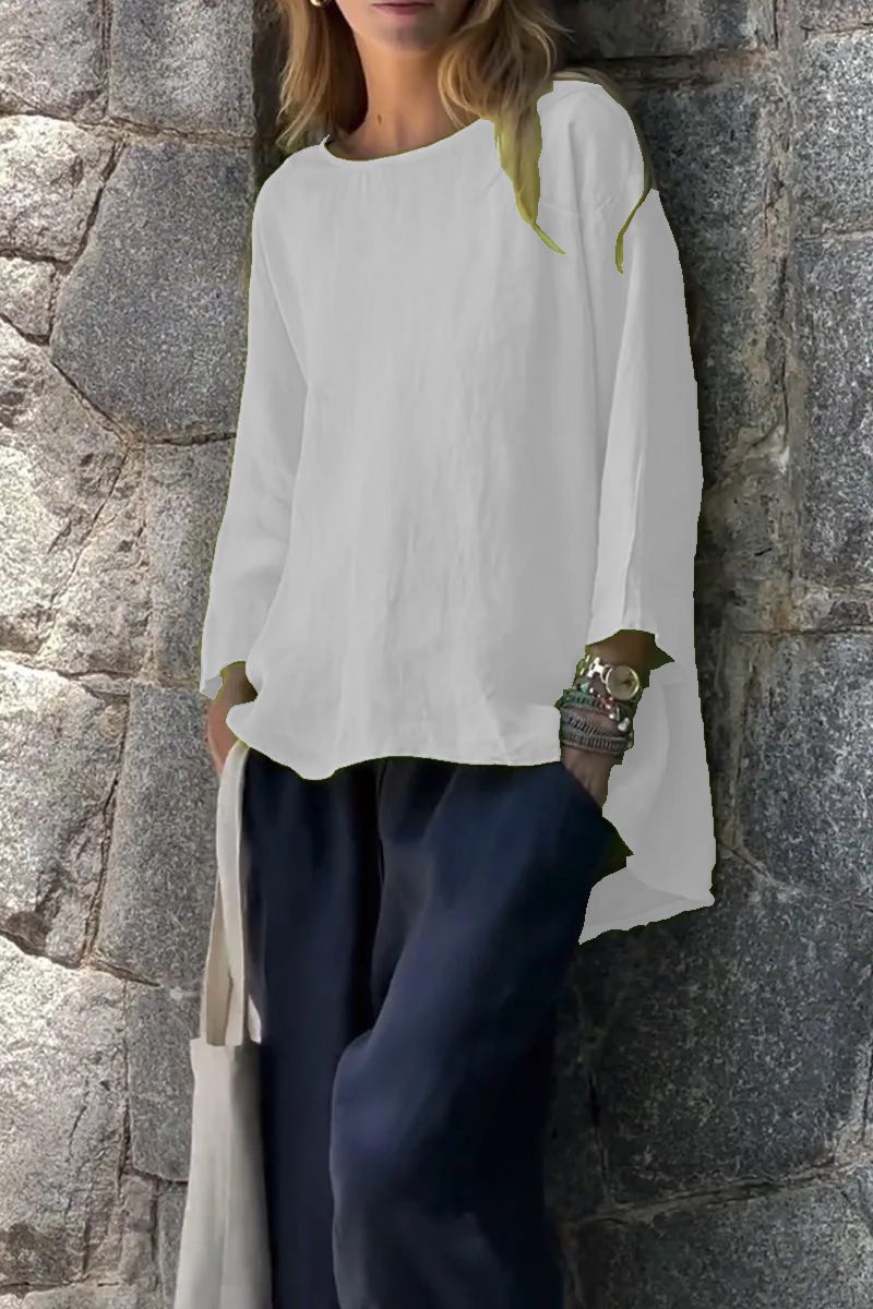Sleeve Crew Neck Cotton And Linen Loose Shirt Top