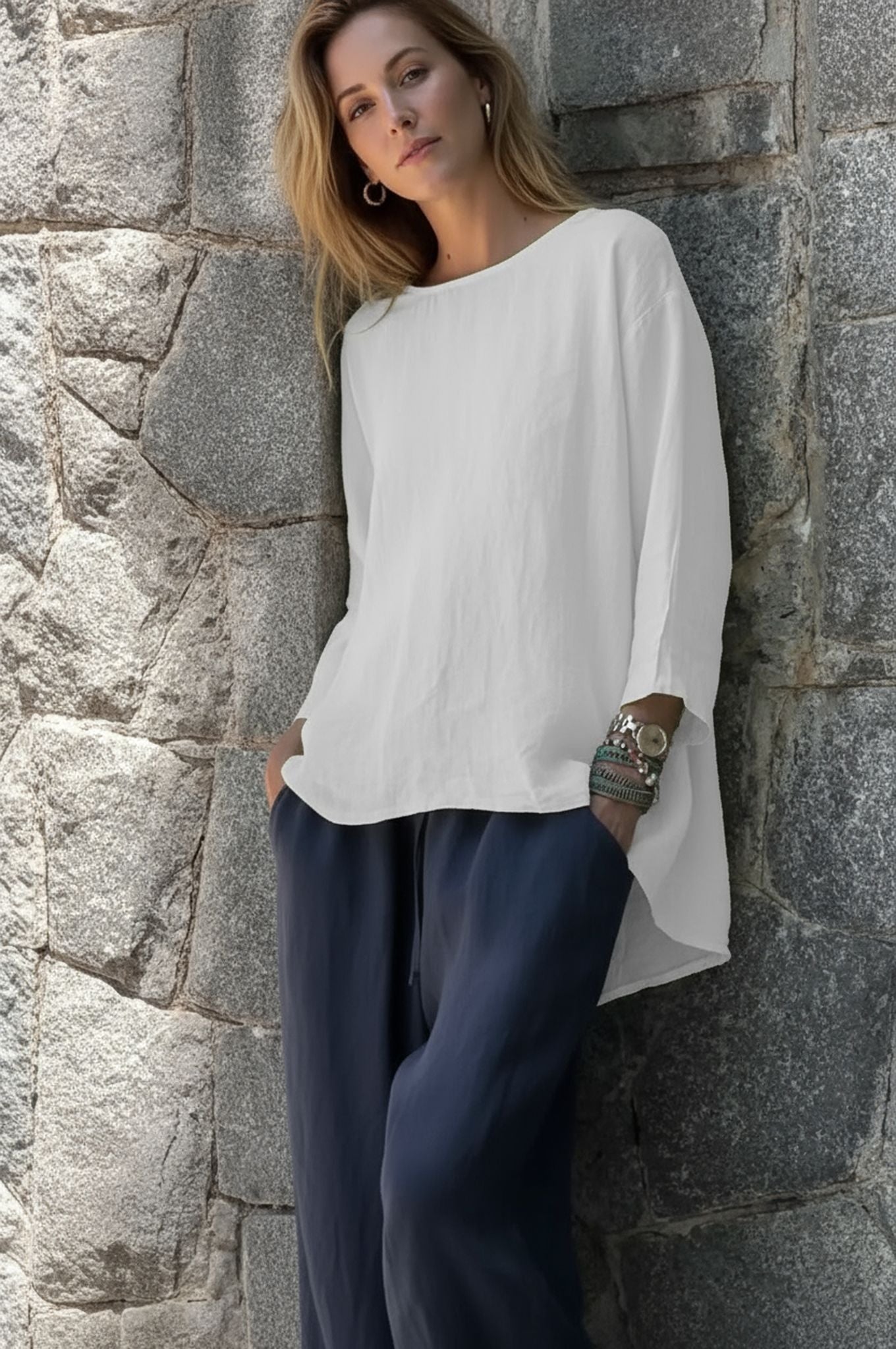 Sleeve Crew Neck Cotton And Linen Loose Shirt Top