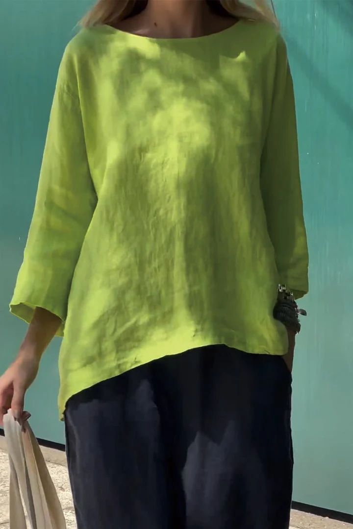 Sleeve Crew Neck Cotton And Linen Loose Shirt Top