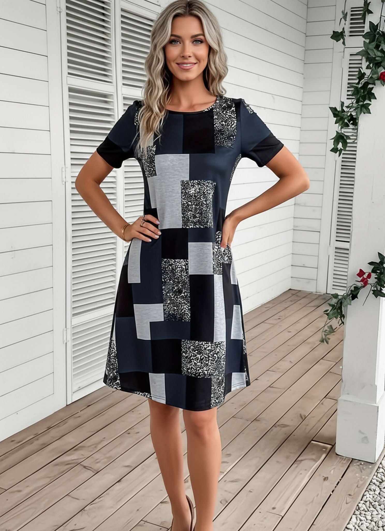 New Contrast Spliced V-Neck Dress