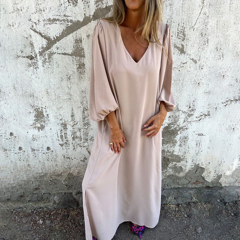 V-Neck Solid Color Women'S Lantern Sleeve Dress