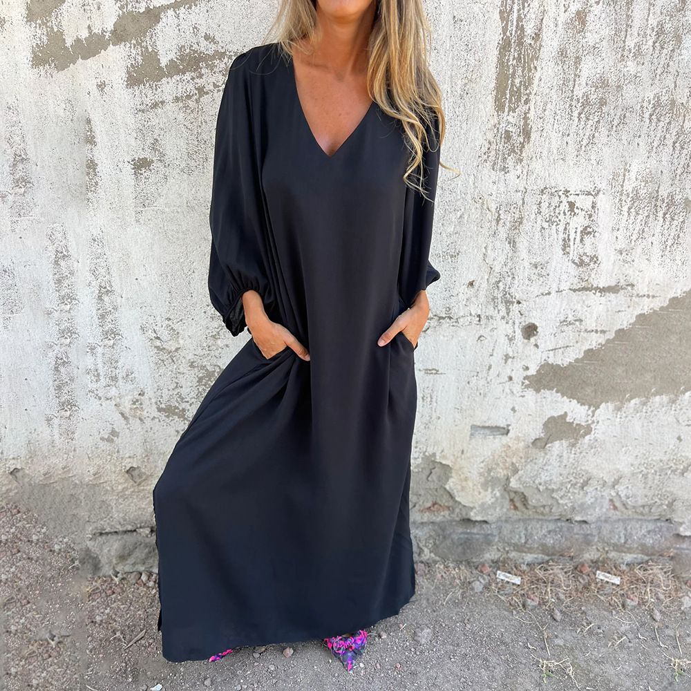 V-Neck Solid Color Women'S Lantern Sleeve Dress