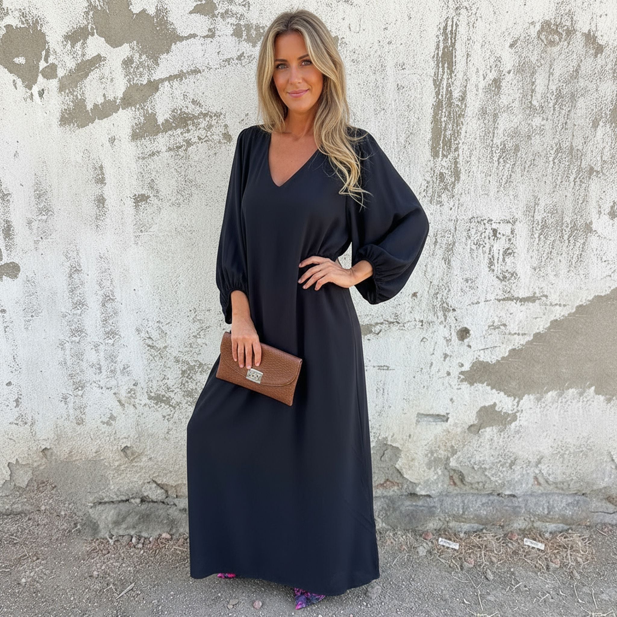 V-Neck Solid Color Women'S Lantern Sleeve Dress